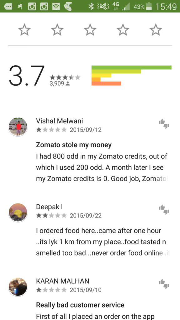 The Zomato Austalia Online Ordering App appears to have had a large number of poor reviews.